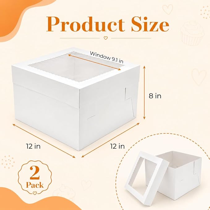 NPLUX Cake Boxes 12 Inch, 2 Pack 12x12x8 Cake Box with Window, White Cake Boxes with Separate Lid for Cakes, Pastries, Cookies, Bakery Orders and Gifting, Graduation Gifts Party Favors
