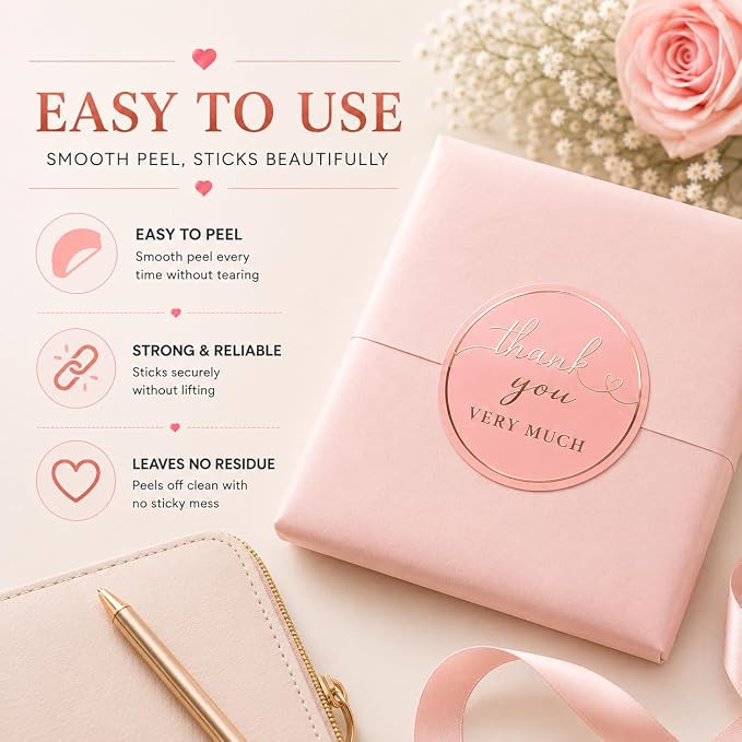 Thank You Stickers for Small Business – 500 Blush Pink Round Stickers with Rose Gold Foil, 1.5 Inch Waterproof Adhesive Labels for Packaging, Gifts & Envelopes