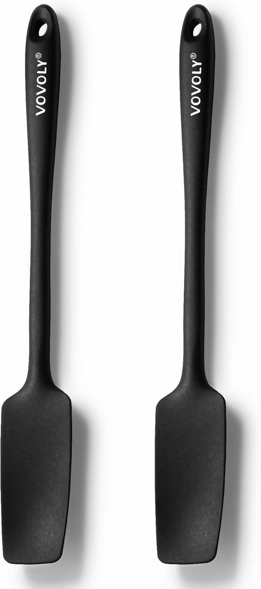 2-Pack Silicone Small Jar Spatulas with Long Handle, Upgraded Heat Resistant Spatula for Non Stick Cookware, Seamless Design, Stainless Steel Core, BPA Free Spoonula, Black