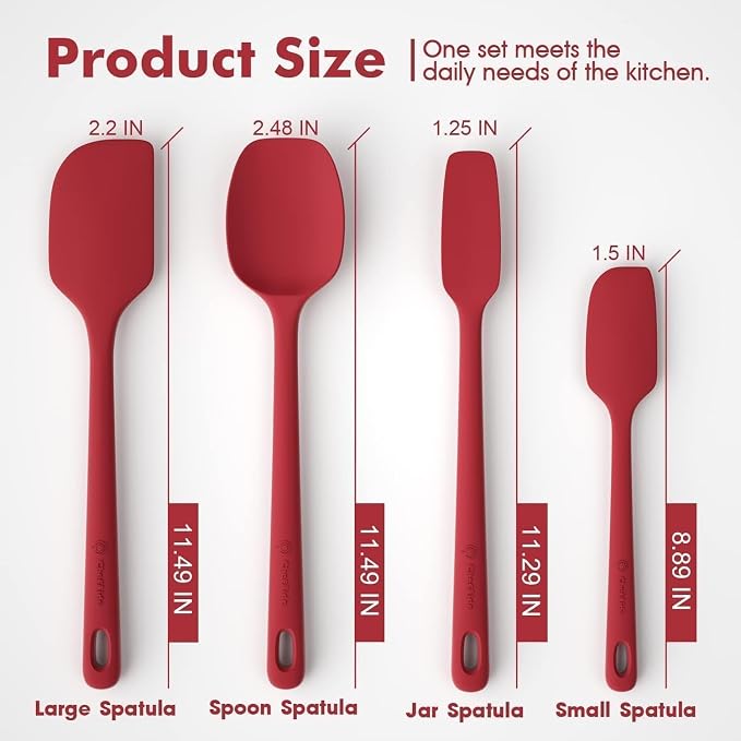 ChefAide 4 Pieces Silicone Spatula Set, Food Grade Rubber Spatula, Upgrade Strong Handle with Ergonomic Grip, Heat Resistant for Nonstick Cookware, Cooking