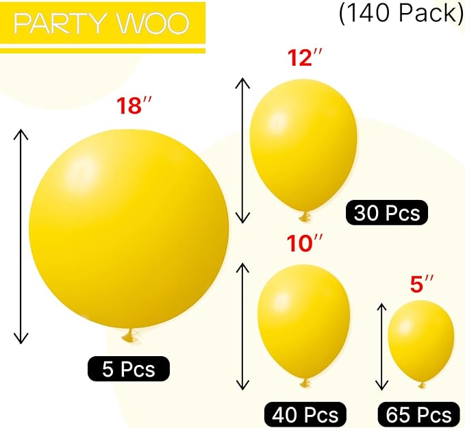 PartyWoo Yellow Balloons 140pcs Different Sizes of 18 12 10 5 Inch Matte Yellow Latex Balloon Arch Kit Garland for Easter Bee Baby Shower Sunflower Birthday Graduation Party Decorations Yellow-Y55