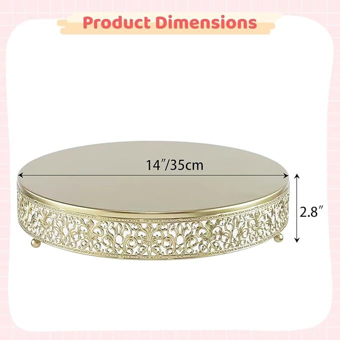 14 Inch Luxury Light Gold Cake Stand, Round Metal Dessert Display with Ornate Filigree Lace, Dual‑Coated Premium Finish for Wedding, Anniversary & Elegant Home Decor