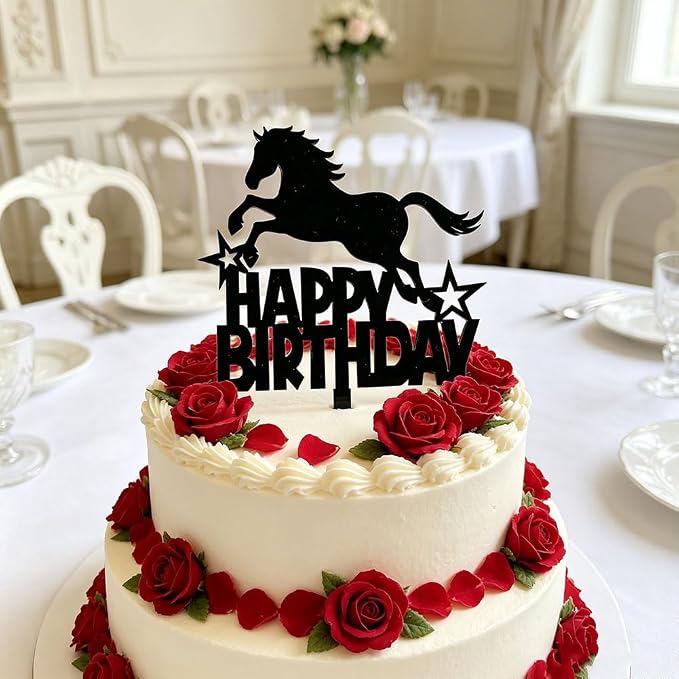 Black Acrylic Horse Happy Birthday Cake Topper, Horse Theme Party Decoration for Boys, Girls, Men, Women & Kids Birthday Party Decoration Supplies (Design1)