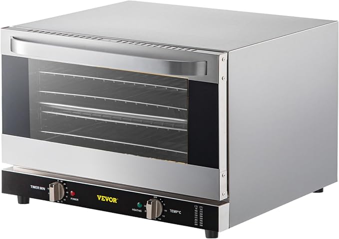 VEVOR Commercial Convection Oven, 47L/43Qt, Half-Size Conventional Oven Countertop, 1600W 4-Tier Toaster w/Front Glass Door, Electric Baking Oven w/Trays Wire Racks Clip Gloves, 120V