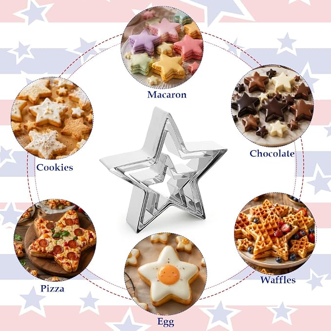 Star Cookie Cutters, 4th of July Cookie Cutter, 5 Pcs Stainless Steel Five-Pointed Shaped Cutter Sets Biscuit Molds Cake Cheese Fruit Cutter for DIY Holiday Home Baking Kit Birthday Party Supplies