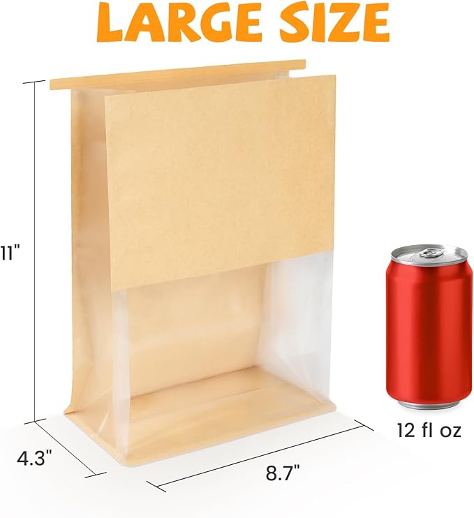 100 Pack Bread Bags with Tabs for Homemade Sourdough Bread, 8.7x4.3x11 Inches Tin Tie Tab Lock Large Paper Bakery Packaging Bags with Window for Gifting & Bake Sale | Thick Material