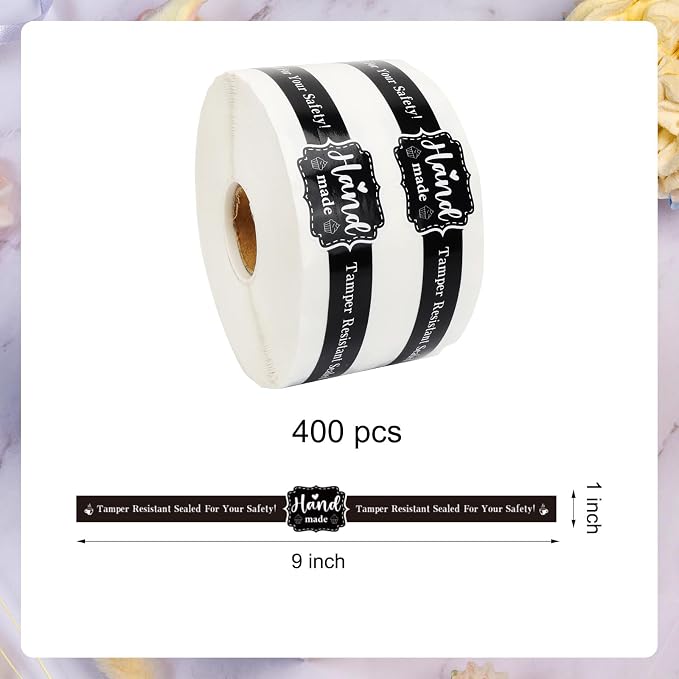 400 PCS Food Retail Package Seal Stickers 9 x 1 Inch Hand Made Sticker Self-Adhesive Roll up Tamper Evident Lids Stickers Tamper Resistant Labels for Handmade Crafted Baking Black