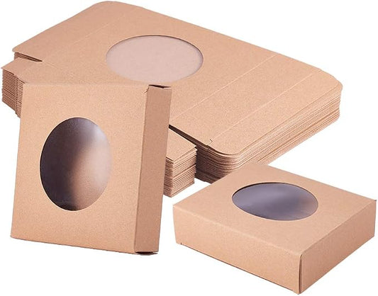 BENECREAT 24 Packs Brown Kraft Square Paper Boxes Gift Wrapping Box with Round Clear Window 4x4x0.9 for Party Favor Treats, Jewelry, Gift Packaging