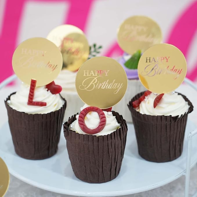20pcs Gold Birthday Cupcake Toppers Acrylic Cake Picks for Party Decor | Mirror Design Birthday Party Supplies Round Picks DIY Gifts Flower Bouquet Pastries Desserts Decor
