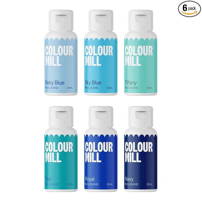 Colour Mill Oil Blend Food Coloring, Blues Pack - 20 Milliliters Each of 6 Colors: Baby Blue, Navy, Royal, Sky Blue, Tiffany and Teal