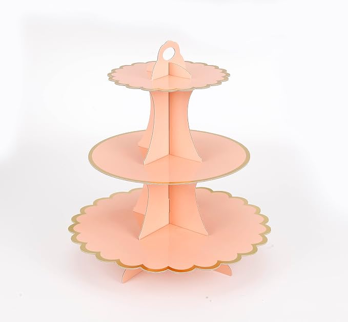 YLDW Cupcake Stand with Lace Trim, 3-Tier Cupcake Stand Display, Cardboard Cup Cake Tower Stand, Disposable Dessert Stand for Birthday Tea Party Baby Shower Treat Decorations, Orange Pink