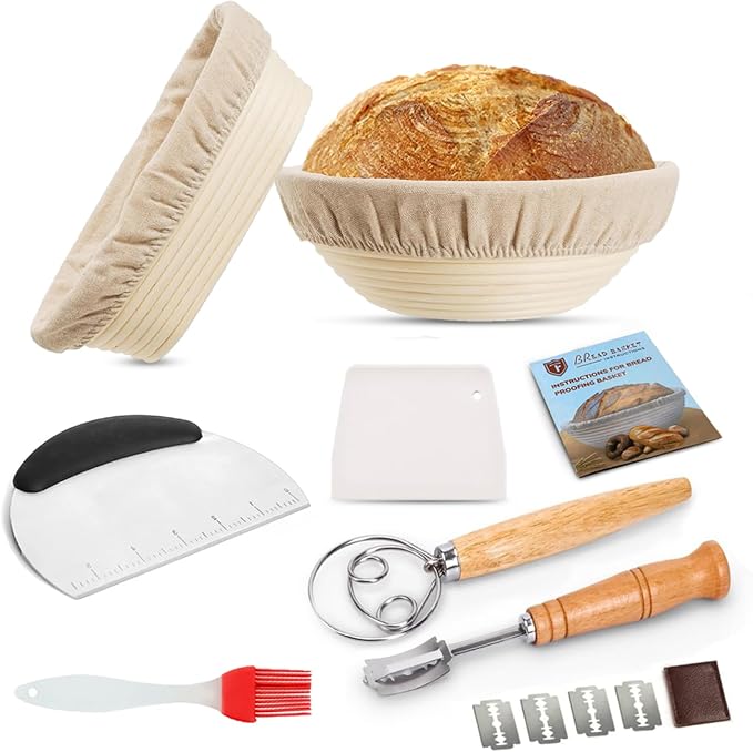 Sourdough Starter Kit of 9-Inch Round and 10-Inch Oval Banetton Proofing Baskets Complete Sourdough Bread Baking Supplies, Bread Lame + Dough Wisk + Stainless Steel Dough Scrapers + Cleaning Brush