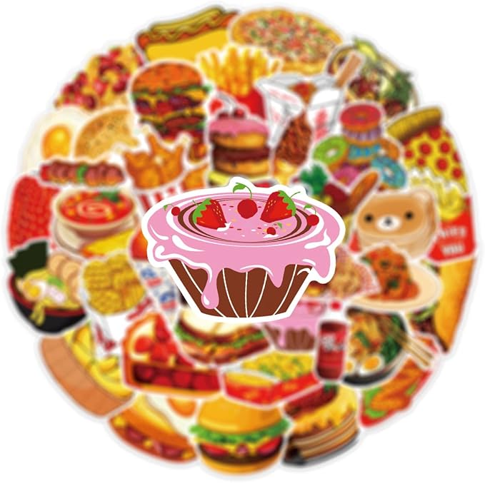 Cute Food Stickers 50PCS Fast Food Sticker Bag Waterproof Vinyl Aesthetic Decals for Scrapbook, Water Bottles, Laptops, Mobile, Skateboard, Guitar, Perfect for Kids Teens Girls