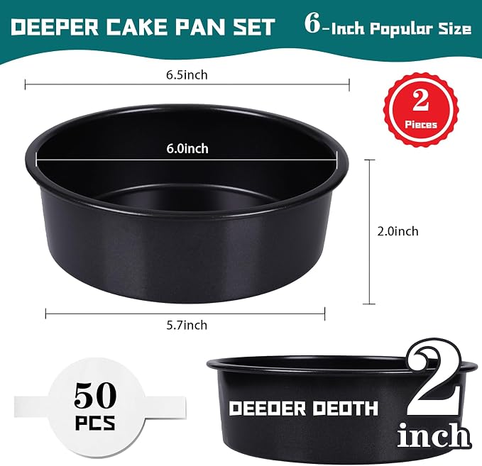 6 Inch Cake Pan Set for Baking - 2 Round Cake Pans with 50 Pieces Parchment Paper, Nonstick Deeper Circle Cake Baking Pans Sets for Baking-Black