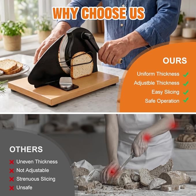 Upgrade Manual Bread Slicer for Homemade Bread, Sourdough Slicer with Hand Crank, Metal Guide Rail, Non-Slip Suction Base & Sharp Blade for Consistent Even Slices