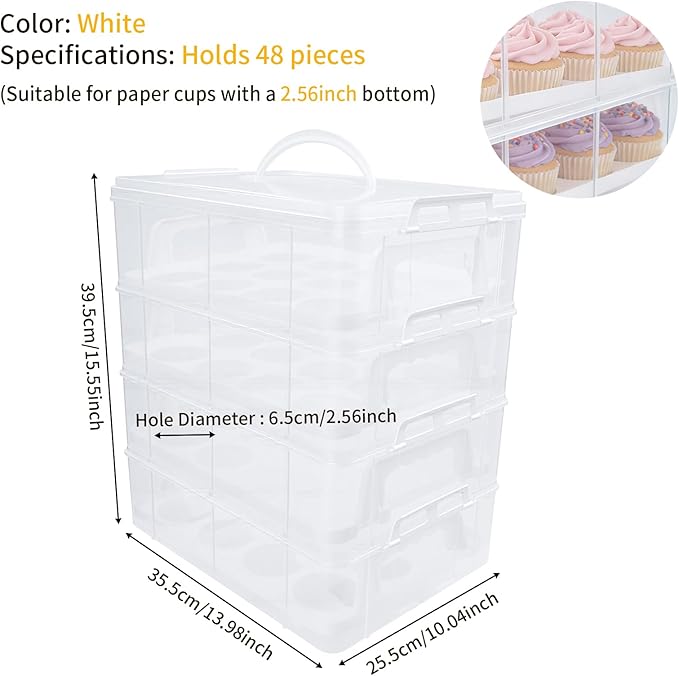 4-Tier Cupcake Carrier Holds 48 Cupcakes - Portable Dessert Holder with Secure Clips & Clear Shell, Stackable Storage Container for Parties, Birthdays, Baking, Clear/White