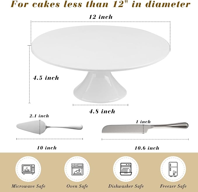 12 Inch White Porcelain Wedding Cake Stand with Knife and Server | Round Cake Plate Display Holder for Birthday, Baby Shower, Party Dessert Cupcake, Home Decorating Stand