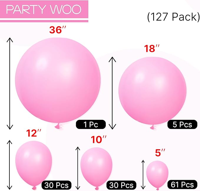 PartyWoo Pink Balloons 127 pcs Different Sizes of 36 18 12 10 5 Inch Matte Pink Balloon Arch Kit Garland for Baby Shower Valentine's Day Princess Bachelorette Birthday Party Decorations Pink-Y11