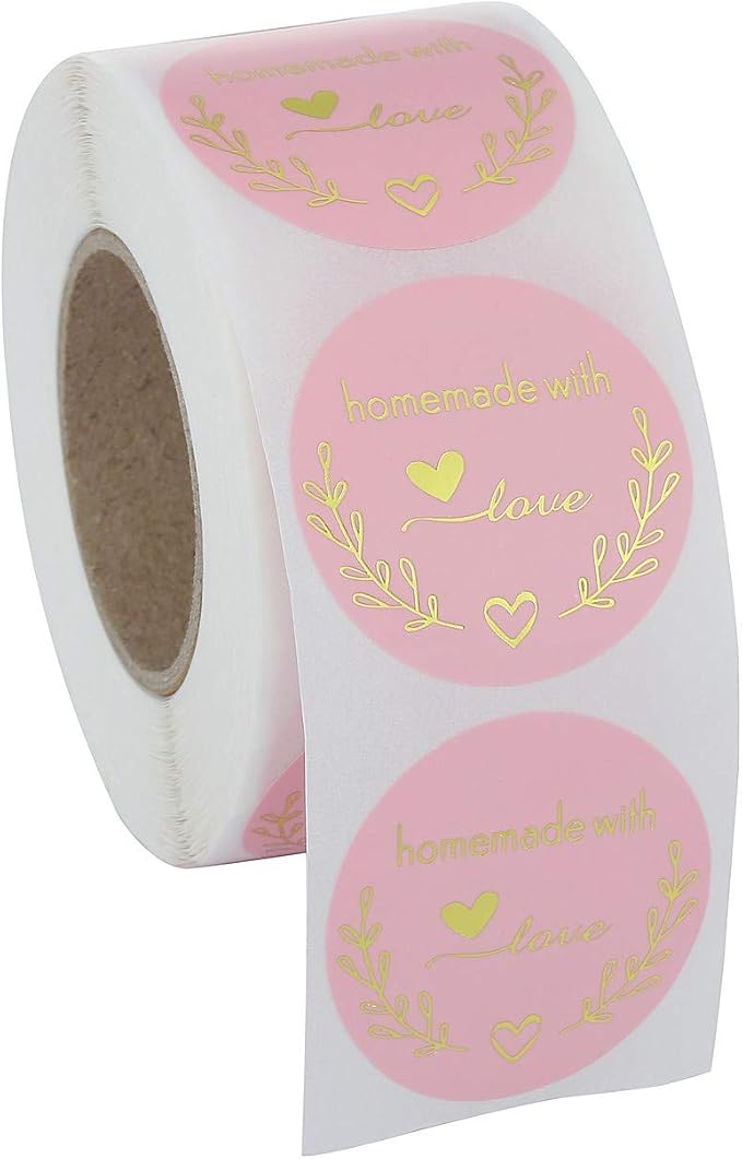 Yoption 1.5 Inch Round Homemade with Love Stickers Pink for Packaging, Cookie Bags, Small Shop Local Handmade, 500 Labels per Roll