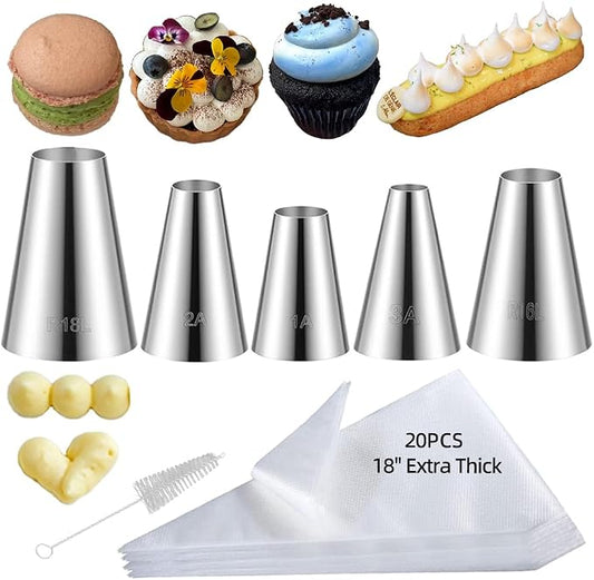 5PCS Large Round Piping Tips Set with 20PCS Large Piping Bags for Cupcake | Steel,Different Sizes Frosting Tip,18Inch Large Piping Bags,for Macarons,Cream Cookies,Cake decorating