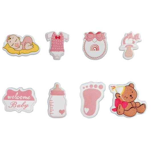 8 PCS Edible Pink Baby Girl Icing Cake Decoration Baby Showers Themed Candy Sprinkle Cupcake Topper Ice Cream Cookies Frosting Decoration