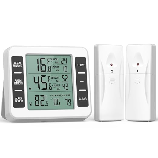 (UPGRADED) AMIR Refrigerator Thermometer, Wireless Indoor Outdoor Freezer Thermometer, Sensor Temperature Monitor with Audible Alarm Temperature Gauge for Kitchen, Freezer, Home (Battery not Included)