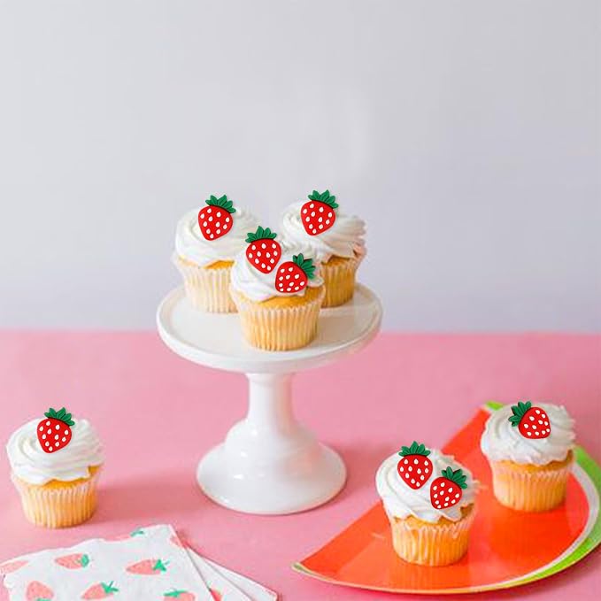 25Pcs Artificial Strawberry Cupcake Toppers 2D Red Strawberries Cupcake Picks Table Decorations for Strawberry Baby Shower Kids Boys Girls Birthday Sweet Fruit Bridal Shower Wedding Party Decorations