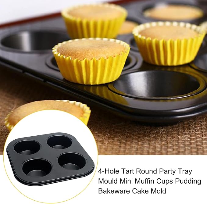2pcs 4-Hole Muffin Pan, Bakeware Non-stick Cupcake Baking Pan Mini Pie Pans, Heavy Duty Carbon Steel Muffin Tray Standard Baking Mold Pan for Oven Bakings (Black)
