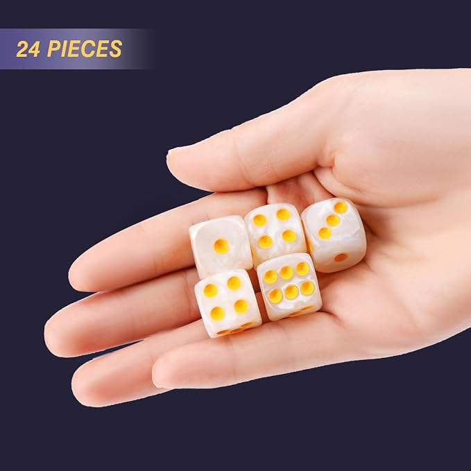 24 of Pack 16MM 6 Sided Dice Set,Pearl Pattern D6 Game Dice Set, 6 Sided Standard Dices for Yahtzee, Bunco or Teaching Math,with Portable Dice Pouch(White Pearl)
