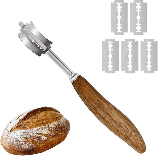 Bread Lame for Dough Scoring Knife Stainless Steel Sourdough Scoring Tool with 5 Blades and a Dark Brown Leather Cover