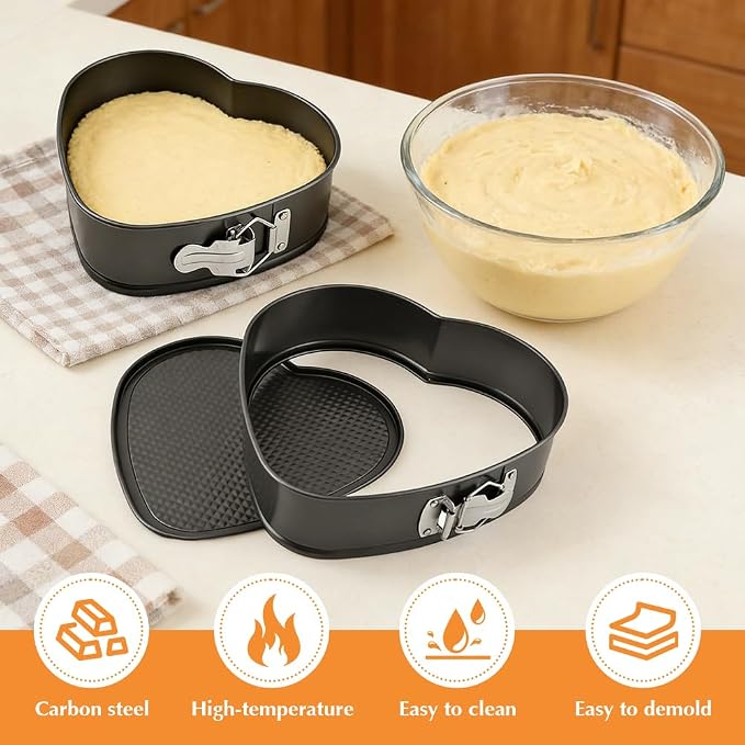 Set of 3 Springform Cake Tins Heavy Duty, Double Layer Non-Stick Coating, Removable Base, Heavy Duty Carbon Steel, Perfect for Frozen Desserts - Oven Safe Bakeware (heart-shaped)