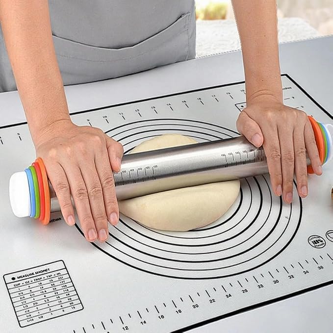 Adjustable Thickness Rings Rolling Pin and Silicone Baking Pastry Mat Set | Stainless Steel Dough Roller,Baking Supplies for Cookie Cake Pop Fondant Pizza Cake Pasta (Black)