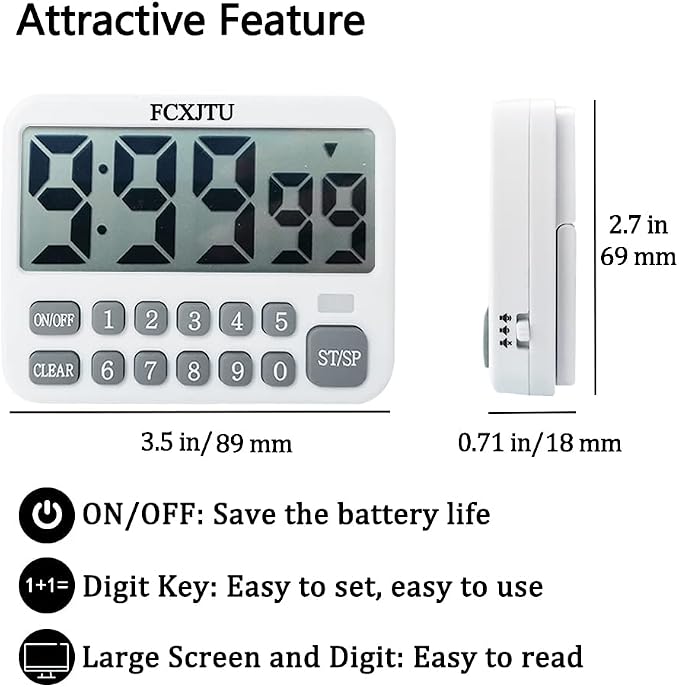 Digital Kitchen Timer, Large Display Countdown/Up Timer with Digits Directly Input, Fast Setting, Loud Alarm, ON/Off, Magnetic Back Stand for Cooking, Baking, Study