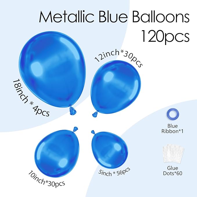 120pcs Metallic Blue Balloons, 18 12 10 5 inch Metallic Blue Balloons Different Sizes Blue Balloon Arch Kit for Graduation Baby Shower Wedding Birthday Party Decorations