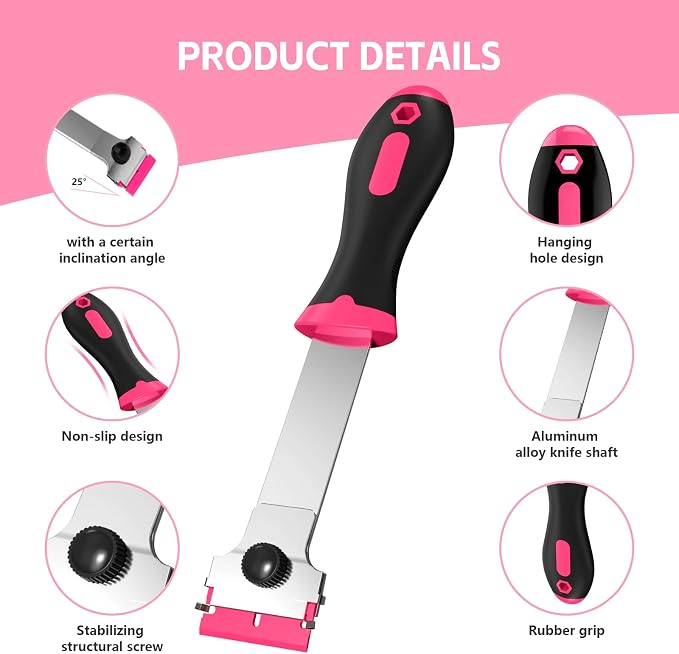 Ywmoml 3 Pack Razor Blade Scraper Set, Includes 30 Plastic & 30 Metal Blades, Multi-Purpose Tool for Glass, Cooktop, Sticker Removal, Paint & Gum Cleaning (Pink)