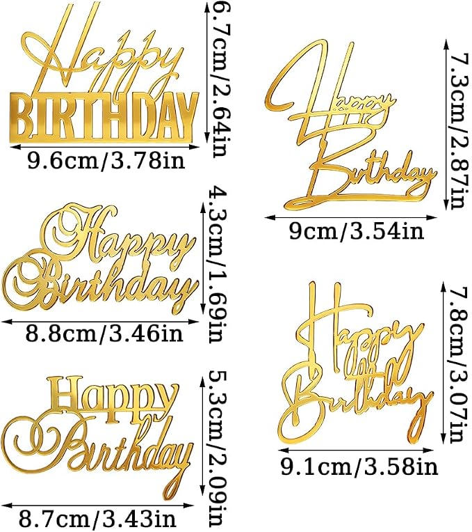 5Pcs Gold Acrylic Happy Birthday Cake Toppers Happy Birthday Sign for Cake Topper Decoration Supplies Party Celebration Toppers for Cakes Side Inserts Mirror Acrylic Glitter Cupcake Dessert Topper