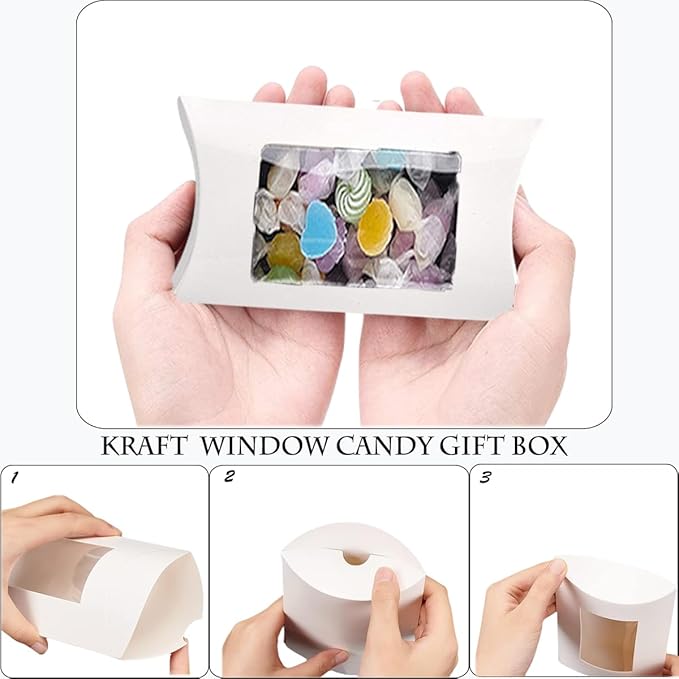 80 Pcs Pillow Gift Boxes with Windows,Kraft Paper Mini Pillow Packaging Box, Creative Favor Box Folding Treat Boxes with Clear Window for Bakery Candy Chocolate Jewelry Display Wedding Party Favor