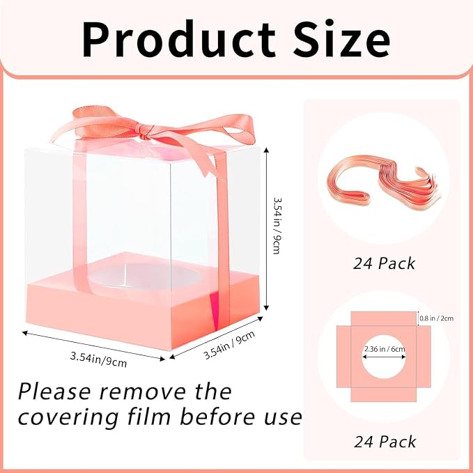 24 Pcs Clear Plastic Cupcake Boxes, 3.5 Inch Single Cupcake Containers for Cake Dessert, Individual Cake Storage Holder with Ribbon Wedding Birthday Party Favor (Rose Gold)