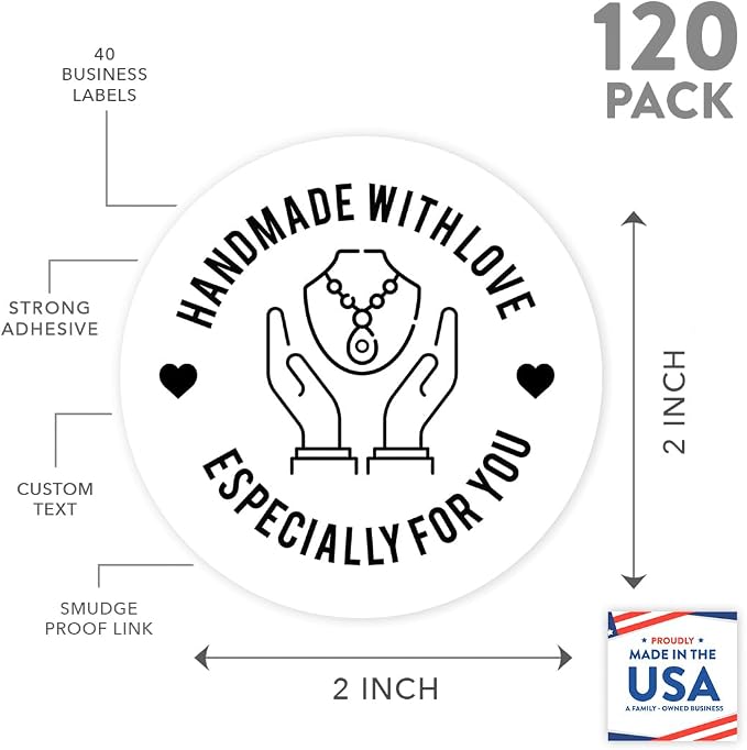 Andaz Press Round Small Business Sticker Labels, 120-Pack, Necklace Handmade with Love, Especially for You, Jewelry Handmade Stickers for Packaging, Product Labels for Small Business