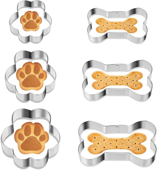 TIESOME 6 PCS Dog Bone Cookie Cutter, 3 Sizes Bone & Paw Print Cookie Cutters Set Stainless Steel Biscuit Mold Dog Theme Party Biscuit Cutter for Theme Party, Treats, and Homemade Baking