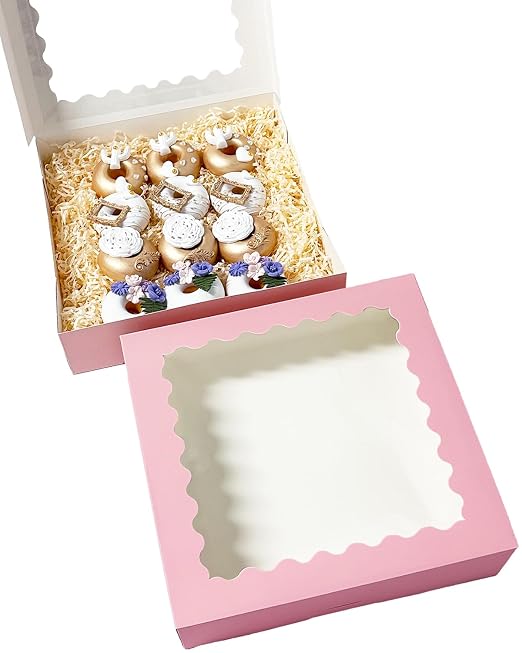 Bakepacker 20pcs Pink Pie Boxes 12x12x3 inches Easy Assemble Macaroon Cookie Boxes Bakery Boxes with Window for Bakery (Auto-pop Up)