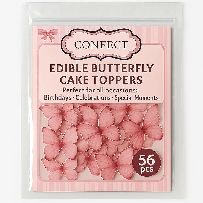 Confect Edible Wafer Paper Butterflies Set of 56 (1.77 x 1.18 Inch Per Buttefly) – Colorful Pink Butterfly Cake Decorations, Cupcake Toppers for Birthday, Wedding, Party – Edible Butterfly Toppers