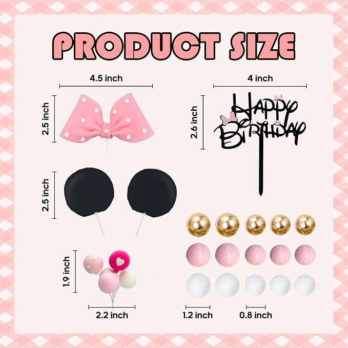 Tarocynn 20Pcs Mouse Birthday Cake Topper with Bows and Ears Happy Birthday Party Baby Shower Decorations Supplies