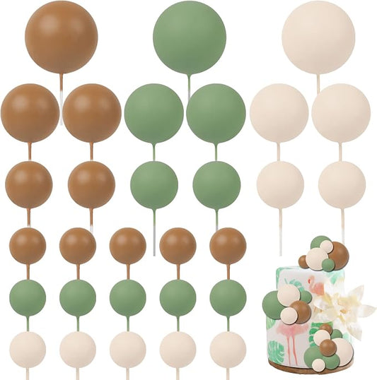 30 PCS Balls Cake Topper DIY Cake Insert Toppers Ball Cake Picks Cupcake Topper for Birthday Party Baby Shower Wedding Cake Decoration(Green Brown Beige)
