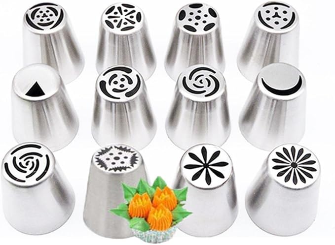Piping Bags and Tips Set, 14pcs Russian Piping Tips Set Flower Frosting Tip Cupcake Decorating Kit Russian Nozzles Baking Supplies Kit for Cupcake Cookies Birthday Party Baking goods