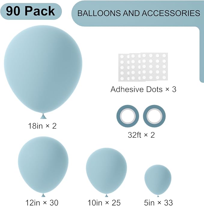Voircoloria 90pack Aqua Balloons Different Size 18/12/10/5 Inch Aqua Balloon Garland Arch Kit for Graduation, Wedding, Birthday, Princess Theme Party, Baby Shower, Anniversary Party Decorations