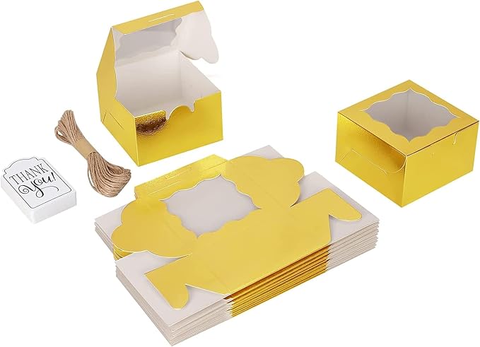 KPOSIYA 120 Pcs Gold Bakery Boxes with Window - 4x4x2.5 Inch Individual Cupcake & Cookie Boxes - Kraft Paper Gold Gift Box for Pastries, Cookies, Pie, Donuts, Macaroon
