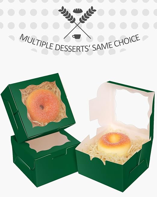 qiqee Deep Green Bakery Boxes with Window 55pcs 4x4x2.5 Mini Cookie Boxes Macaron Boxes Small Donut Pastry Boxes for Party