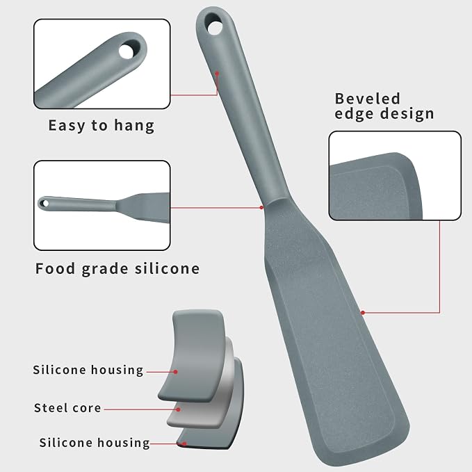 Dioycli Silicone Spatulas for Cooking Heat Resistant Pancake Spatula, Non Stick Long Omelette Spatula Turner Bpa Free 2 Pieces for Crepes Egg Burgers Pizza Cookie (Grey)