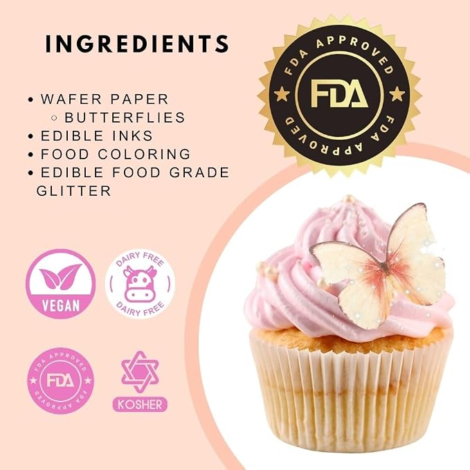 Edible Butterflies with Edible Glitter Kit - Wafer Paper Butterflies for Cakes - Cake Decorations - Cupcake Decorations - Cake Toppers (Sweet Peach)